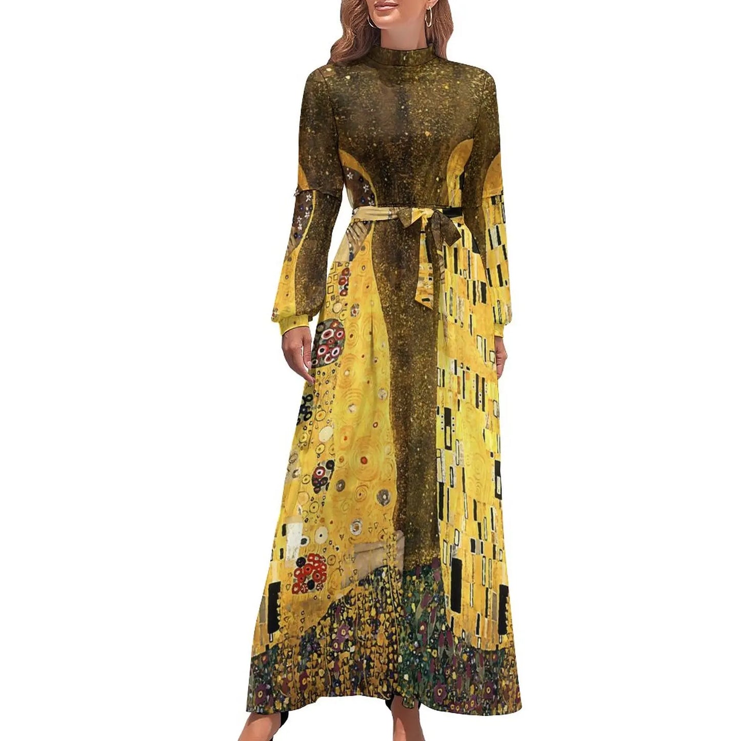 Klimt Art Dress High Neck Adele Gallery Custom Bohemia Dresses Long Sleeve Street Fashion Long Maxi Dress Cute Vestido