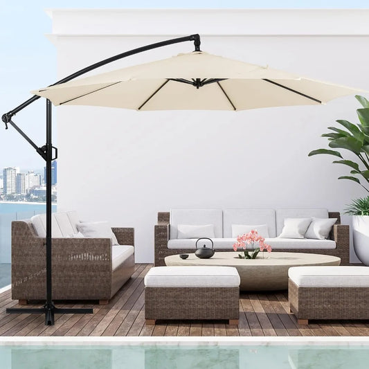 Patio Offset Umbrella w/Easy Tilt Adjustment,Crank and Cross Base, Outdoor Cantilever Hanging Umbrella with 8 Ribs