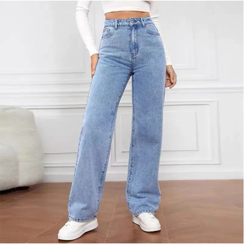 High Waist Light Blue Pocket Jeans Women's Street Simple Casual Autumn Spring Straight Leg Pants