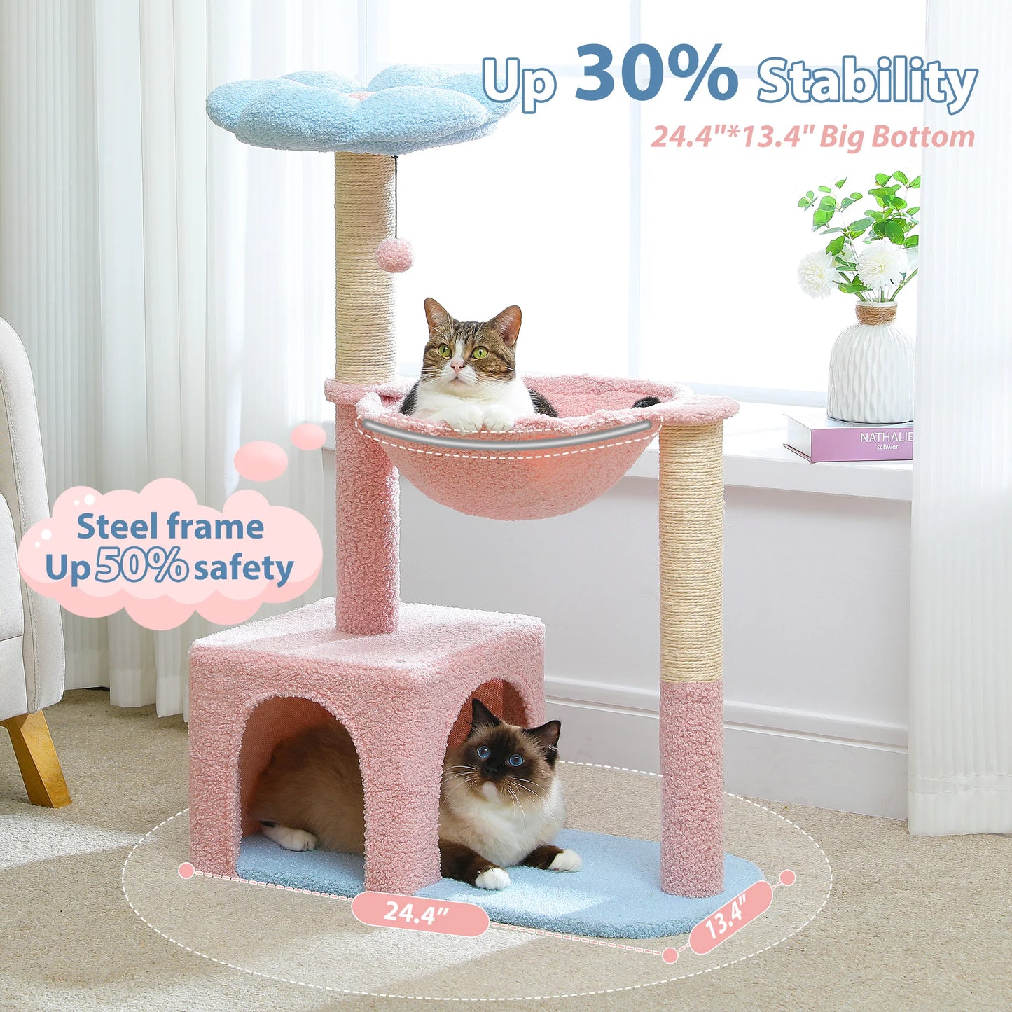 Flower Cat Tree with Large Hammock, Cute Cat Tower with Sisal Scratching Posts for Indoor, Cat Condo with Top Perch for Kittens