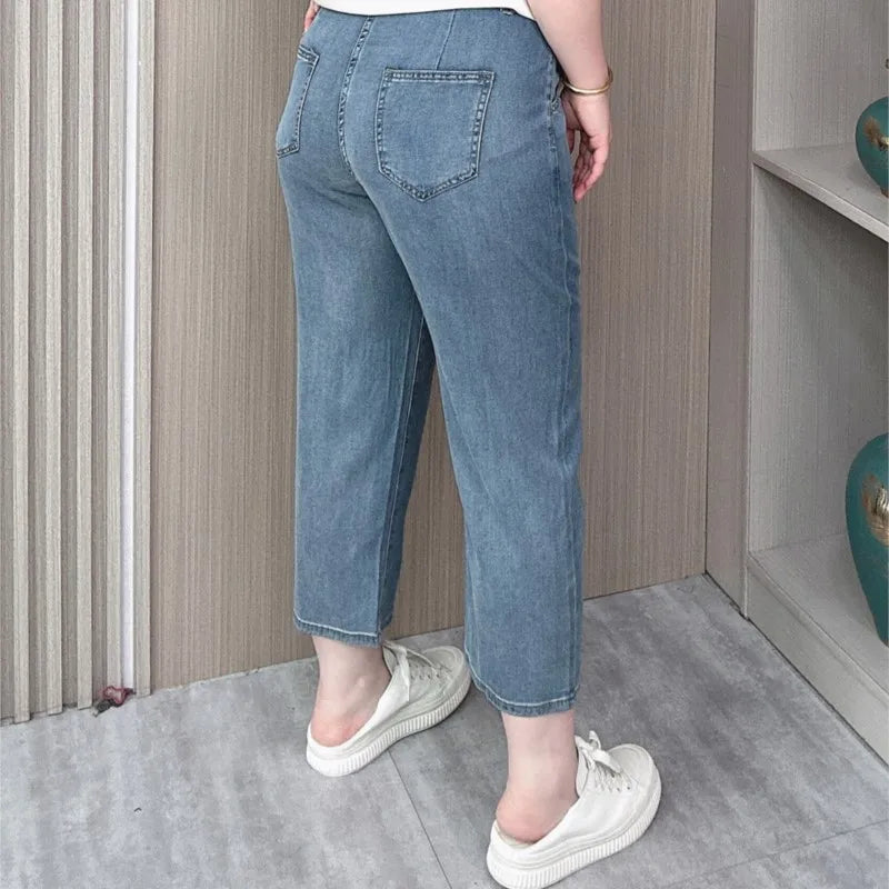 Summer Thin Lyocell Jeans For Women Plus Size High Waist Slim Stretch Thin Ice Silk Harem Pants