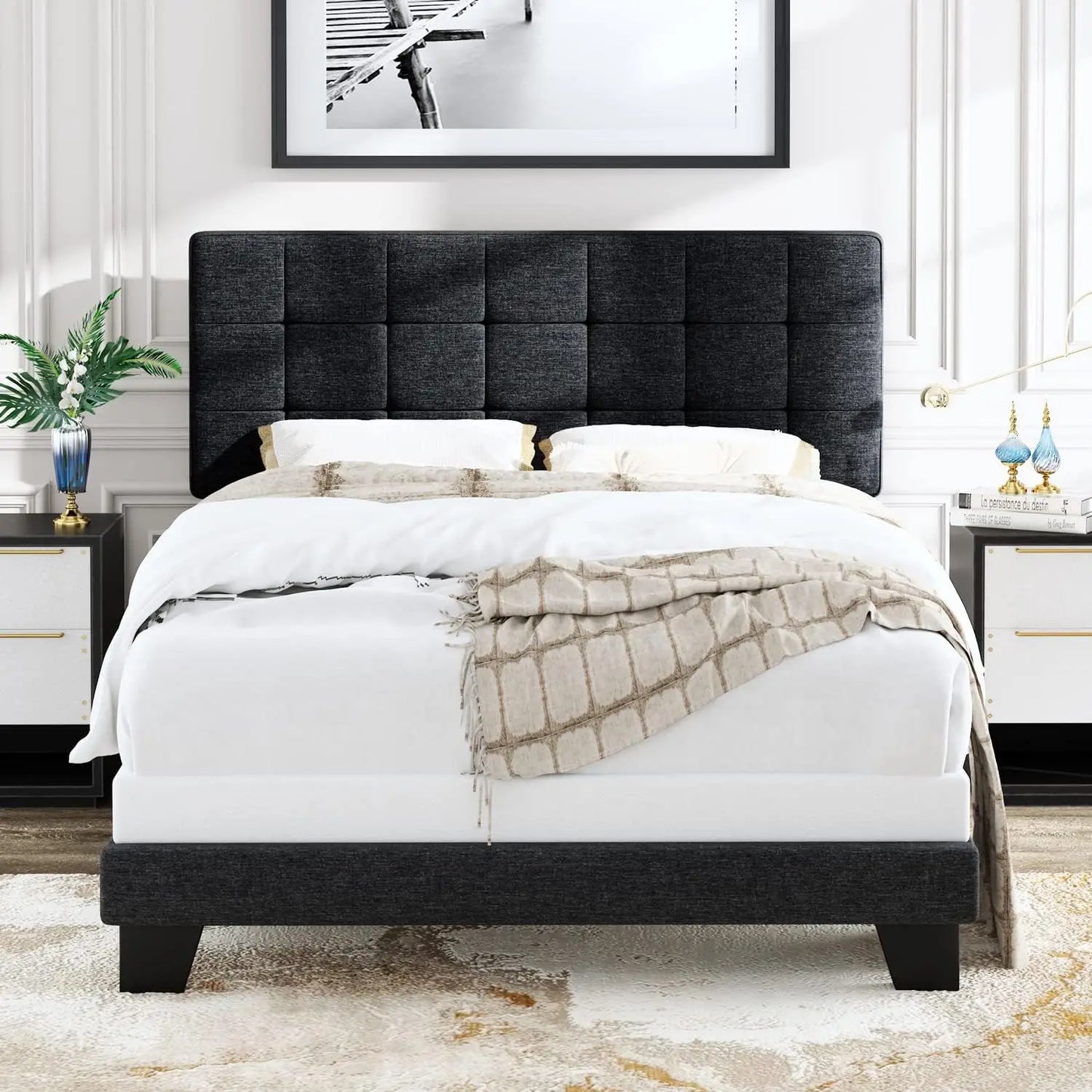 Queen Size Panel Bed Frame with Adjustable Headboard for High Profile/Fabric Upholstered/Square Stitched Padded