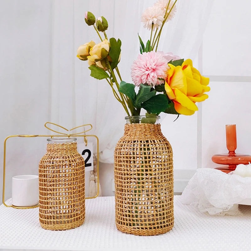 Straw Woven Glass Dry Vase Japanese Glass Vase with Rope Net Home Decoration Ornaments Vase Living Room Office Bedroom