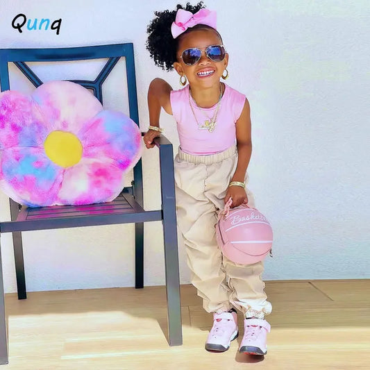 Qunq 2023 Summer INS New Boys And Girls Solid Hight Waist Loose Street Fashion Cargo Pants Sporty Casual Kids Clothes Age 3T-8T