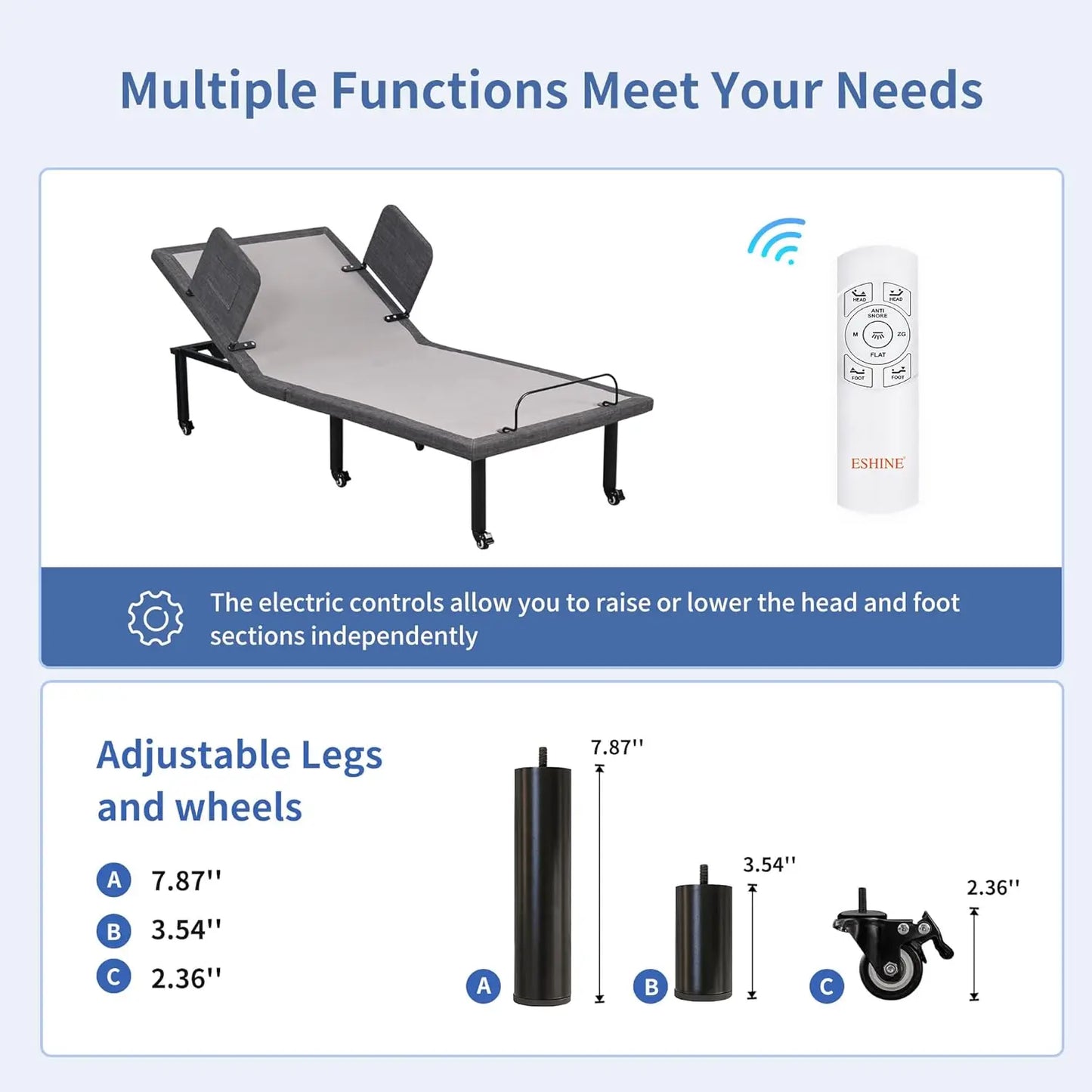 Adjustable Bed Frame with Wireless Remote, Head and Foot Incline, Adjustable Leg with Wheel, Bed Rail, Nursing Bed Base