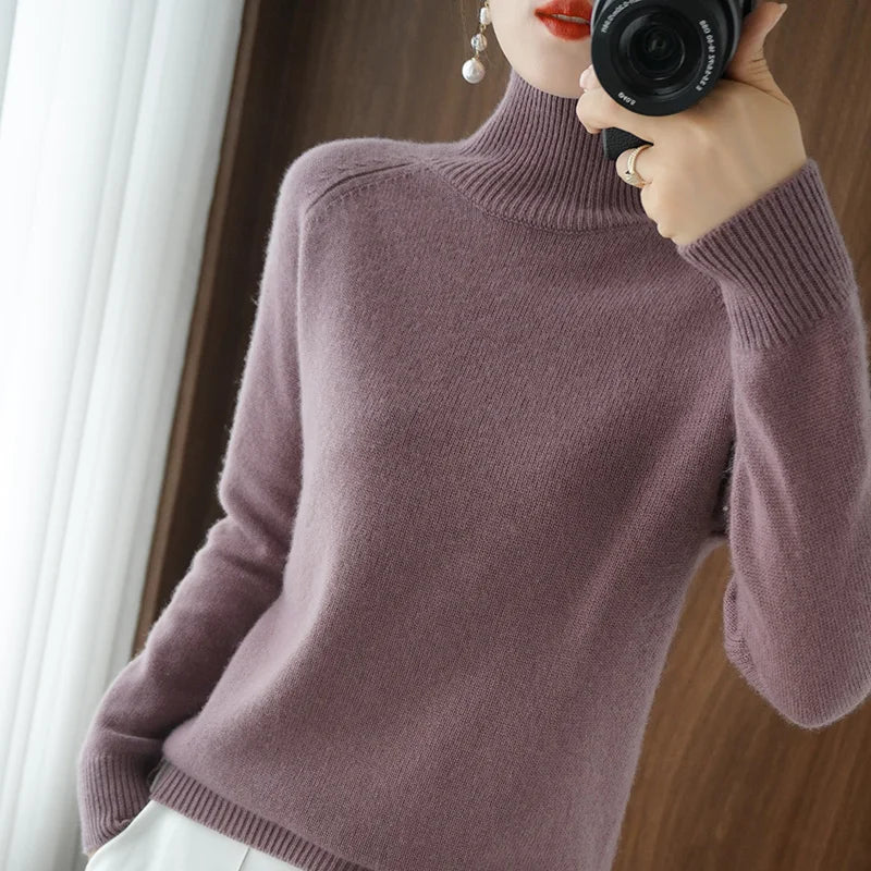 Fashion Basic Autumn Winter  Merino Wool Sweater Mock Neck Cashmere Pullover  Solid Color Soft Long Sleeve Clothing Tops