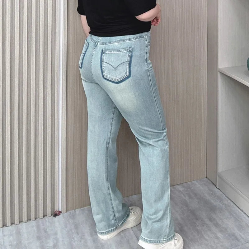 Light Blue Straight Leg Jeans Women 2024 Spring And Summer New Plus Size High Waist Casual Thin Wide Leg Long Pants