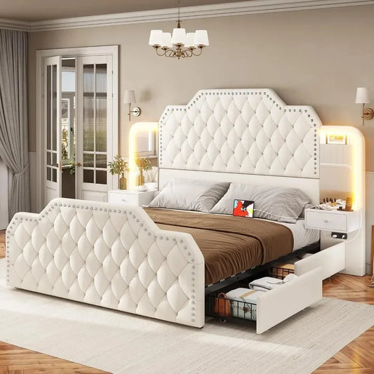 Full Bed Frame 4 Storage Drawers, PU Leather Upholstered Platform Bed Frame, Built in Charging Station & Led