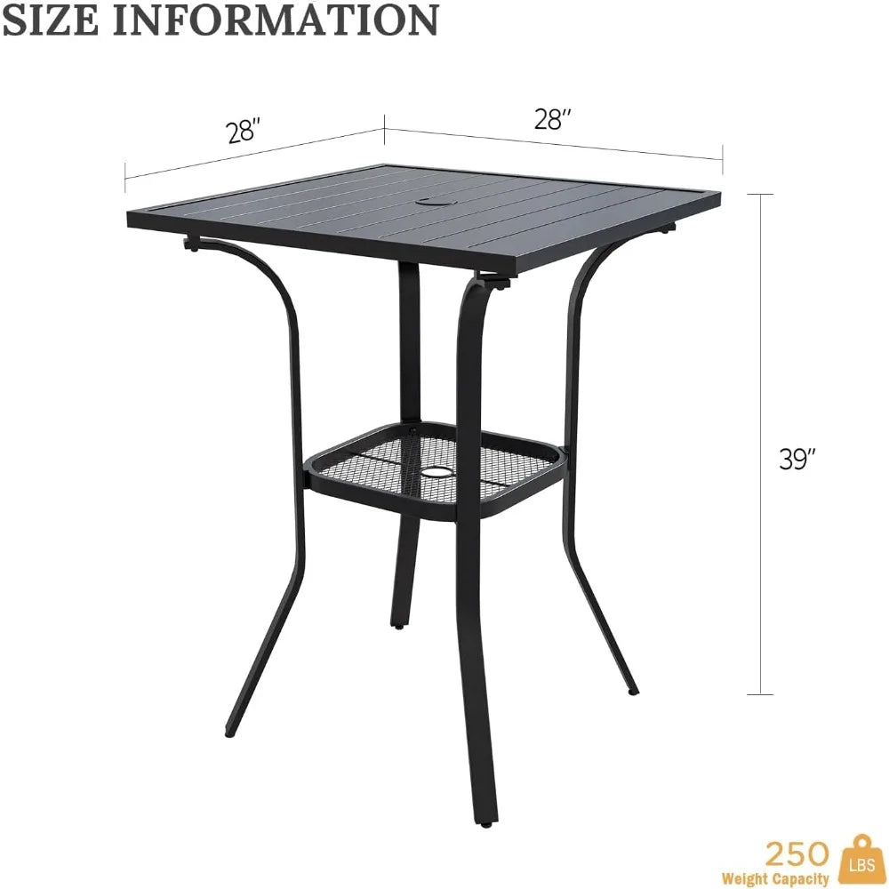 Outdoor Bar Table with Umbrella Hole, Patio Furniture Square Metal Bar Height Table, Cafe Bistro Table