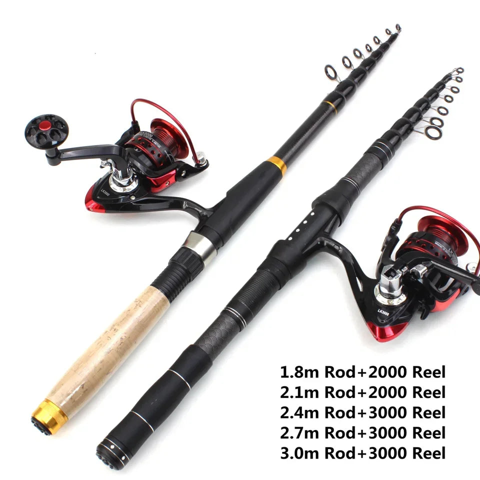 Portable fishing rod and reel set Carbon Fiber telescopic rod Cork handle carp Spinning Rod Outdoor sports fishing fish pole