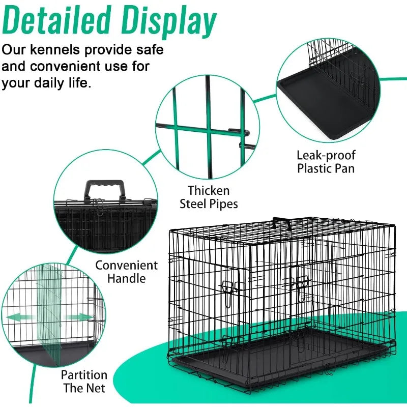 FDW Dog Crate Dog Cage Pet Crate for Large Dogs Folding Metal Pet Cage Double Door W/Divider Panel