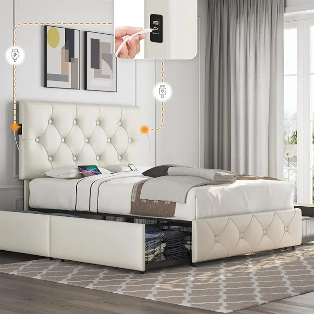 Full Size Upholstered Bed Frame with 2 USB Charging Faux Leather Platform Bed with Strong Wooden Slats, Bed Bases