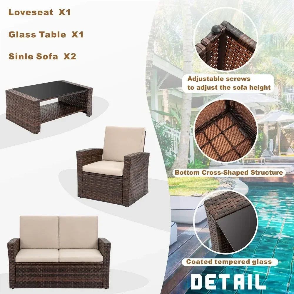 Outdoor Patio Furniture 4 Piece Set, Wicker Rattan Sectional Sofa Couch with Glass Coffee Table | Brown