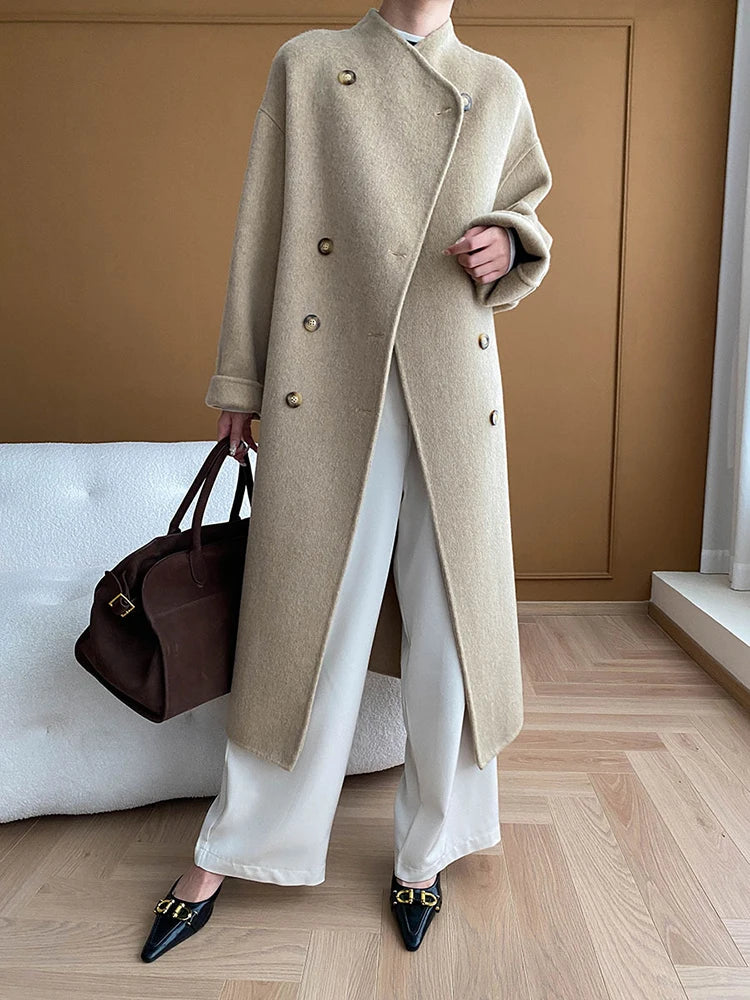 [LANMREM] Elegant Belt Gathered Wool Coat For Women Stand Neck Double Breasted High End Long Outwear 2024 Winter New 26C595