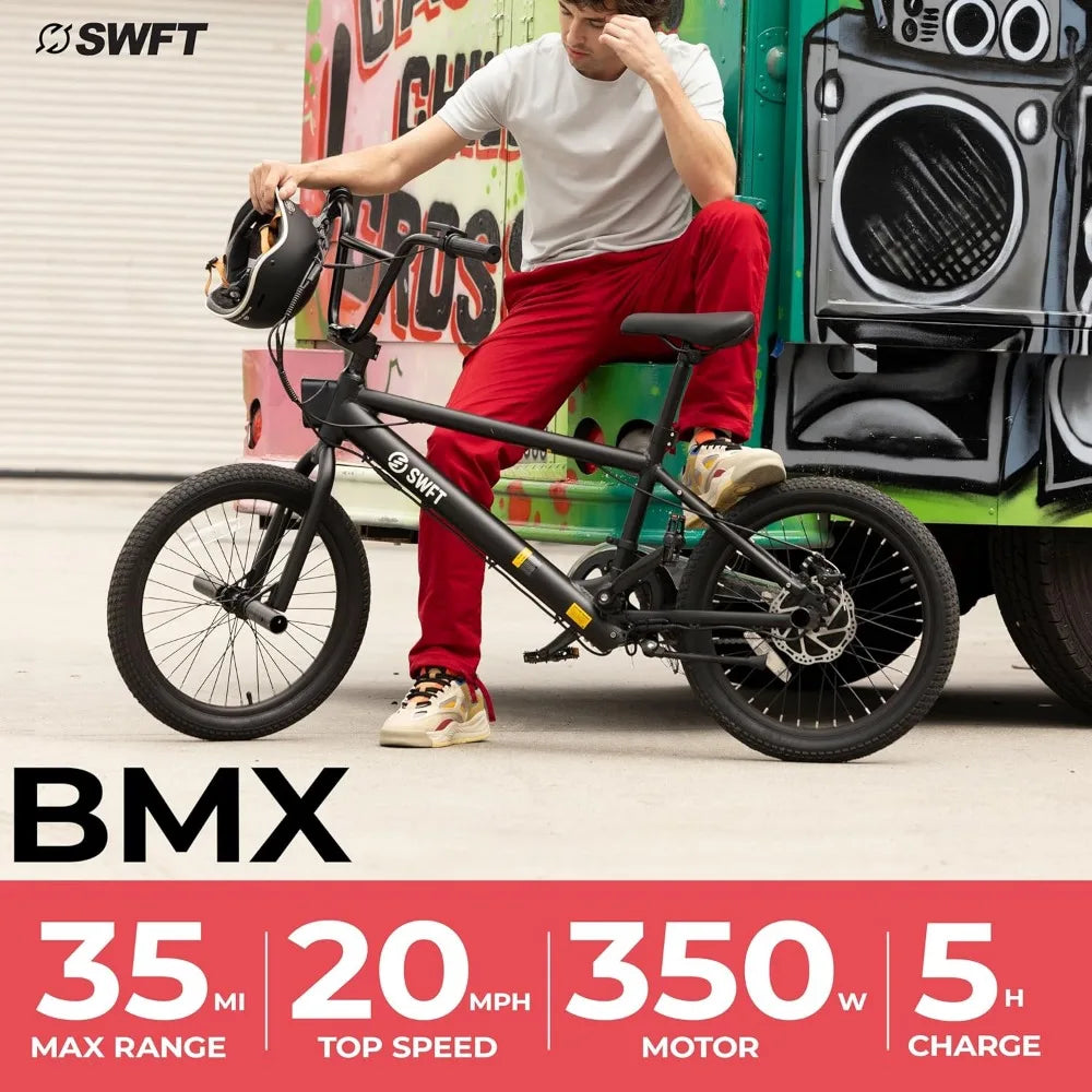 Electric BMX Bike- 35mi Operating Range, 20mph, 20” Performance Wheels, Front & Back Pegs, LCD-Display, Adult E Bike- Black