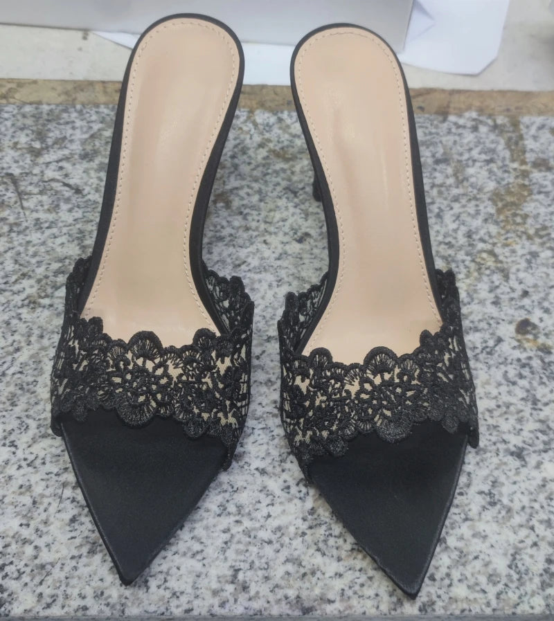 New Summer Women's High-heeled Sandals, Sexy and Comfortable Lace Embroidered Shoes, Mules, Banquet Shoes