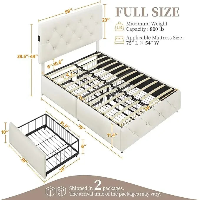 Full Size Upholstered Bed Frame with 2 USB Charging Faux Leather Platform Bed with Strong Wooden Slats, Bed Bases