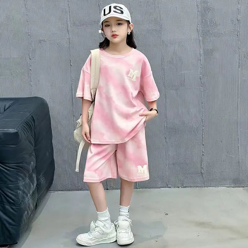 Girls Summer Korean Style Fashion 2pcs T-shirts+Pants Suits 5-15 Years Teenage Kids Sports Streetwear Sets Children Clothes