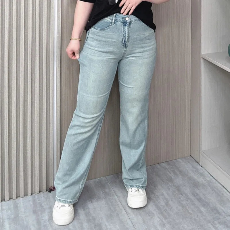 Light Blue Straight Leg Jeans Women 2024 Spring And Summer New Plus Size High Waist Casual Thin Wide Leg Long Pants