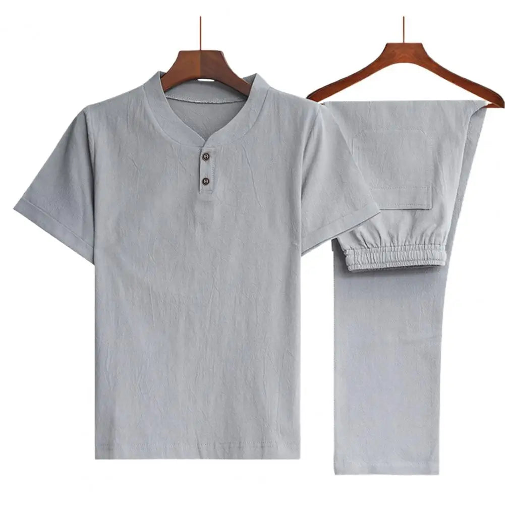 Summer Fashion Men Shirts Trousers Set Cotton And Linen Shirts Short Sleeve Men's Casual Top Pants Men Outfit M-4XL