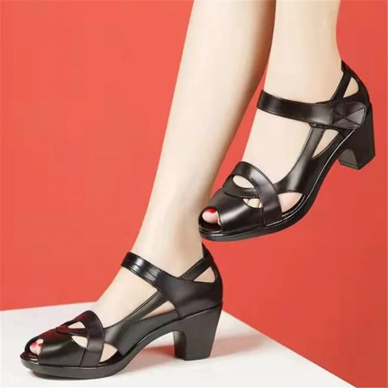 Summer Leather Fish Mouth Thick Heel Hollow Non-slip Sandals Roman Sandals Women's Soft Soled Comfortable Mother Shoes