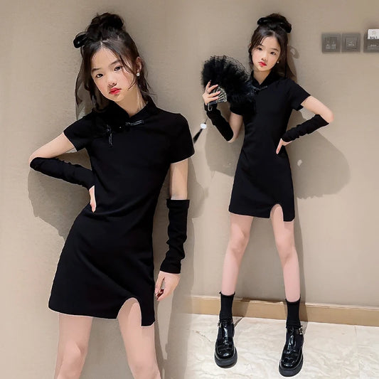 Split Short Sleeve Dress Girl Children's Chinese Style Elegant Slim Street Asymmetric Trendy Teenage Girl Black Mini Summer Cool