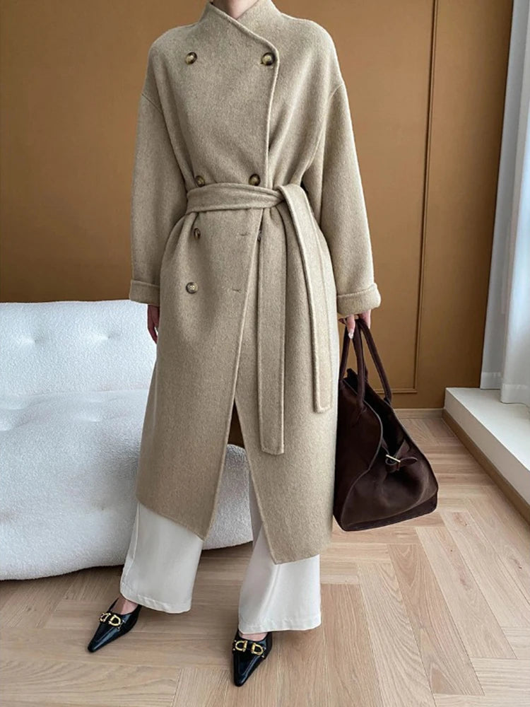 [LANMREM] Elegant Belt Gathered Wool Coat For Women Stand Neck Double Breasted High End Long Outwear 2024 Winter New 26C595