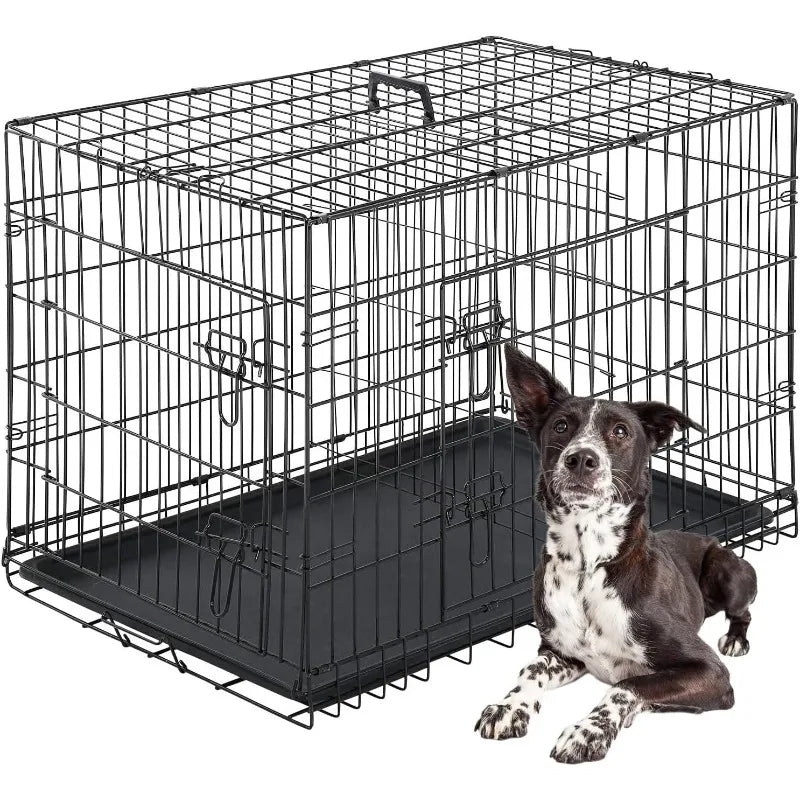 FDW Dog Crate Dog Cage Pet Crate for Large Dogs Folding Metal Pet Cage Double Door W/Divider Panel