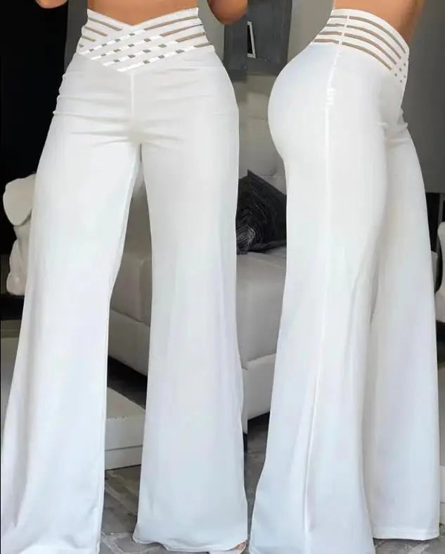 Elegant Wide Leg Fashion Office Trousers Casual Crisscross Sheer Mesh Patch High Waist Women's Flared Pants Y2k Streetwears 2024