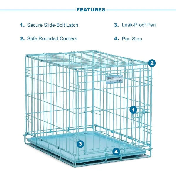 MidWest Homes for Pets Single Door Blue Folding Metal Dog Crate w/ Divider Panel, Floor Protecting 'Roller' Feet & Leak