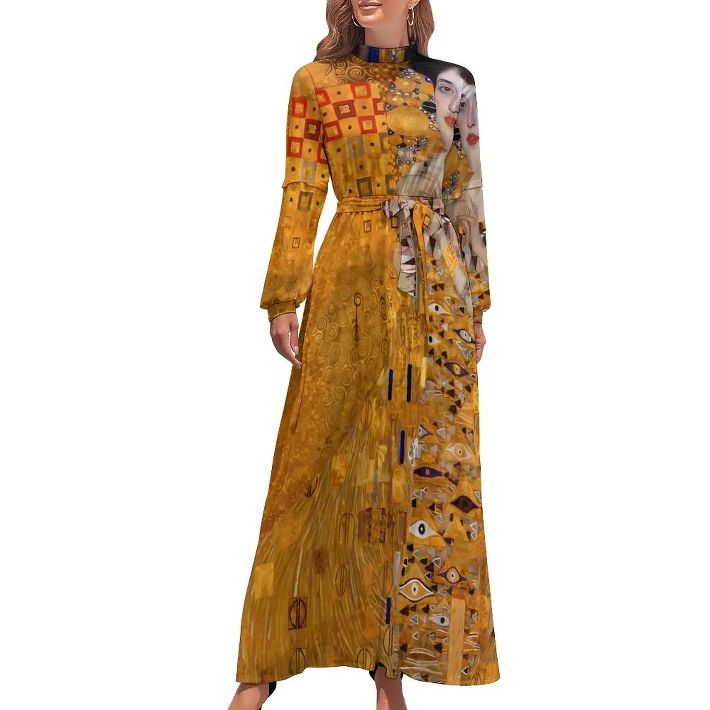 Klimt Art Dress High Neck Adele Gallery Custom Bohemia Dresses Long Sleeve Street Fashion Long Maxi Dress Cute Vestido