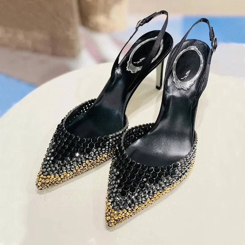 New Baotou sandals rhinestones gradient high heels, women's fashion, stunning temperament sandals formal dress, banquet shoes