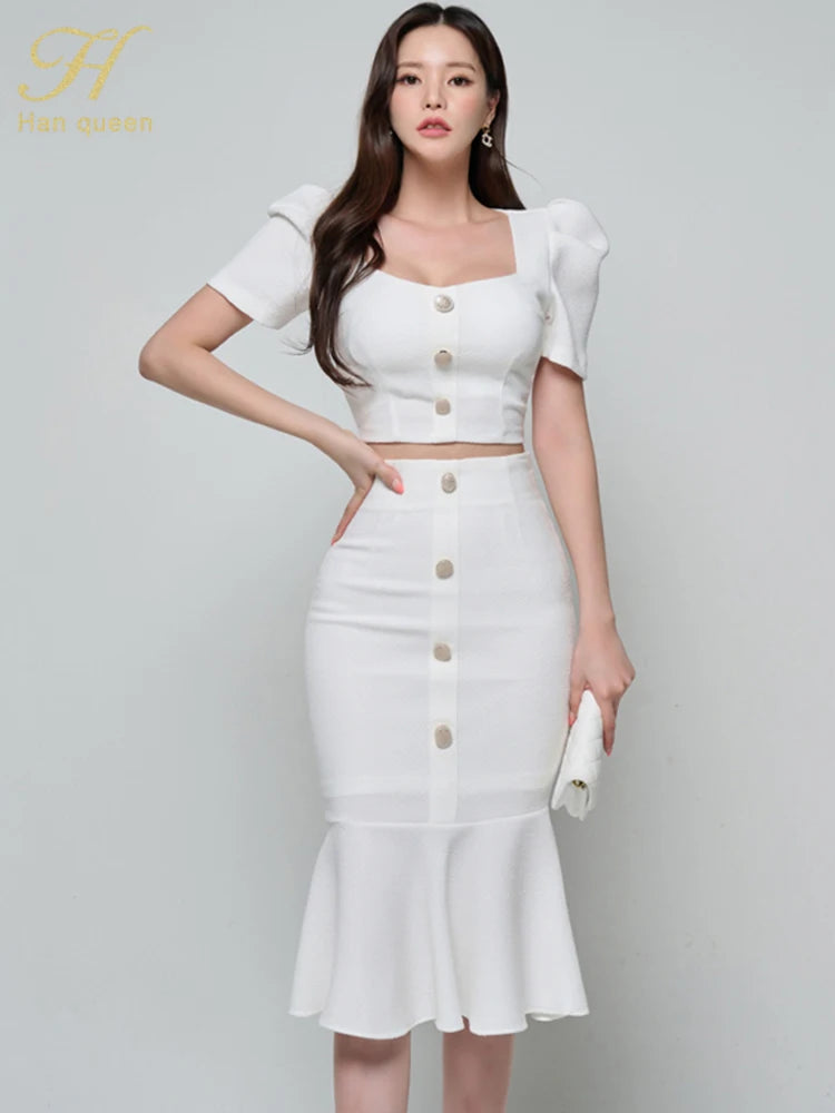 H Han Queen New Summer Womens 2 Pieces Suits Puff Sleeve Short Tops & Casual Fashion Sheath Mermaid Skirt Simple Work Sets