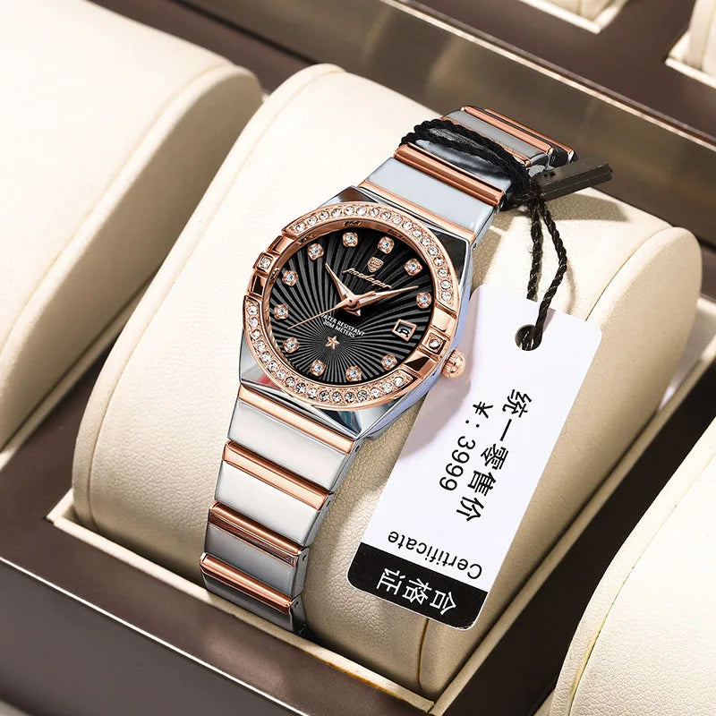 POEDAGAR Ultra Thin Diamond Womens Watch Luxury Waterproof Stainless Steel Quartz Woman Watch 2023 Elegant Rose Gold Clock Mujer