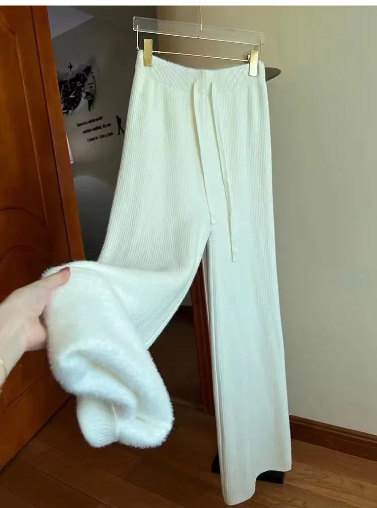 2023 Slim Simple Knit Wide-leg Pants Women's Autumn and Winter High-waisted Moped Pants Thick Casual Pants Straight