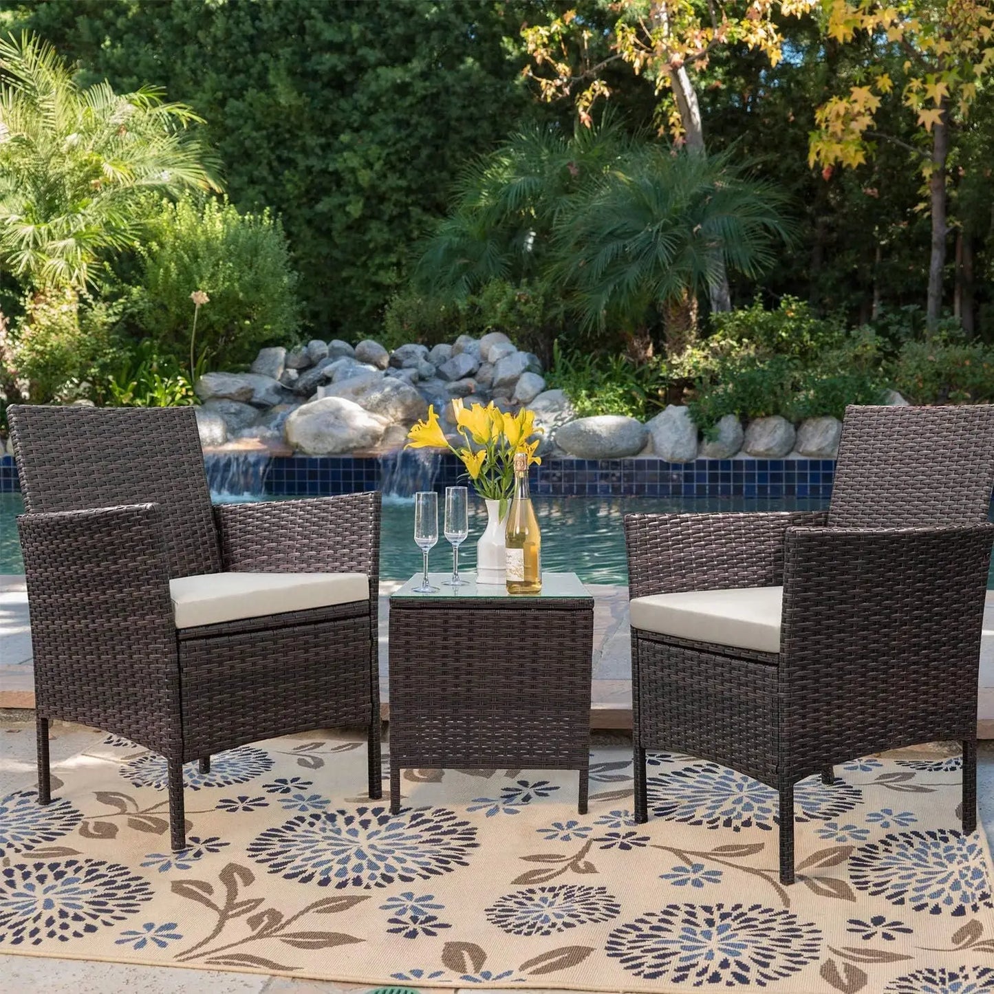 Patio Porch Furniture Sets 3 Pieces PE Rattan Wicker Chairs with Table Outdoor Garden Furniture Sets