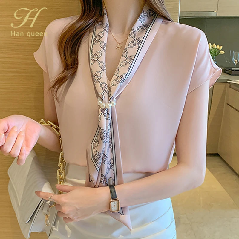 H Han Queen Summer Blusas Simple Office Lady Chiffon Blouse Female Shirt Lace-Up Tops Casual Korean OL Style Loose Blouses Women