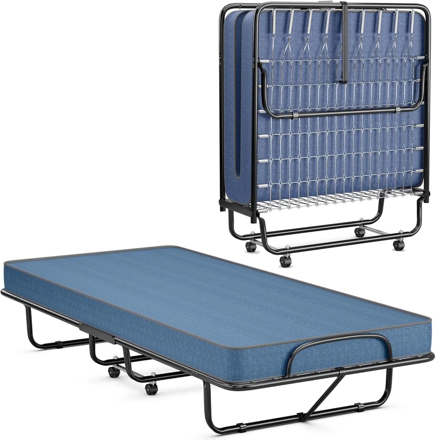 FoldingBedwithMattress with Memory Foam Mattress,Portable Fold Up Guest Bed with Sturdy Steel Frame on Wheels for Home