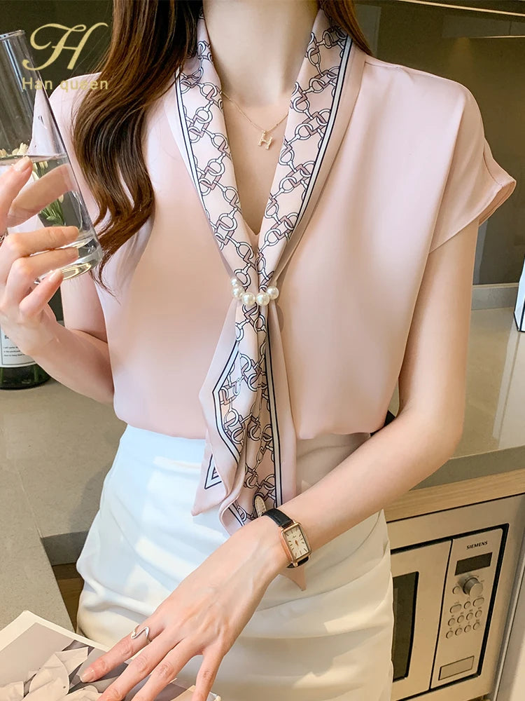 H Han Queen Summer Blusas Simple Office Lady Chiffon Blouse Female Shirt Lace-Up Tops Casual Korean OL Style Loose Blouses Women