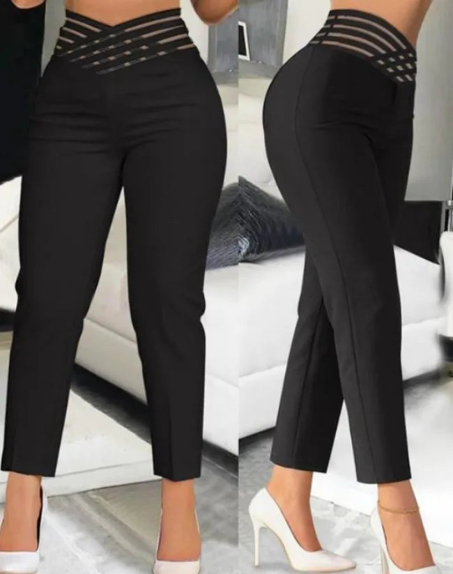 Elegant Wide Leg Fashion Office Trousers Casual Crisscross Sheer Mesh Patch High Waist Women's Flared Pants Y2k Streetwears 2024