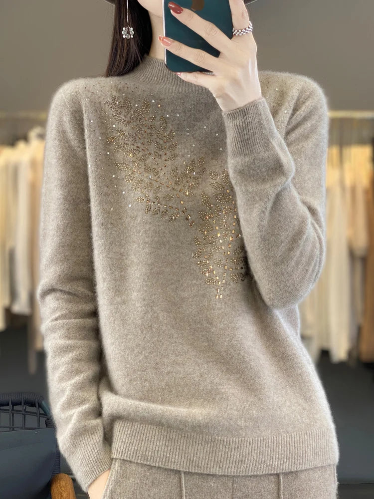 Women Autumn Winter Pure Wool Thickening Sweater Half-high Collar Leaf studded With Diamonds Pullover Female Knitted Basis Top