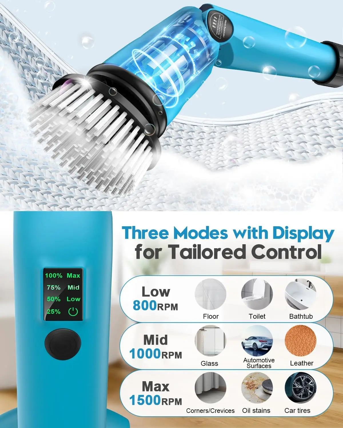 RPM Battery Electric Spin Scrubber with Handle, 8 Replaceable Shower Scrubber & 2 Battery Powered Cleaning Brush wi