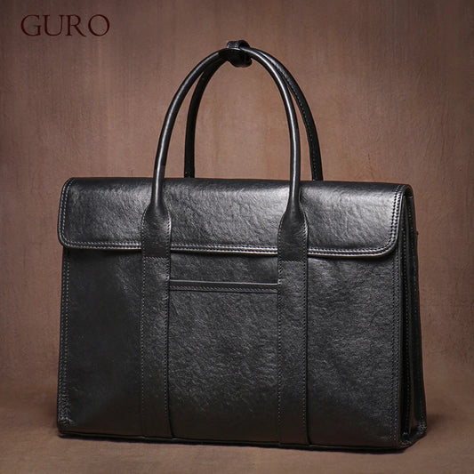 GURO Luxury Genuine Leather Handbag Men Higher Quality Natural Cowhide Executive Briefcase Daily Business Office File Laptop Bag