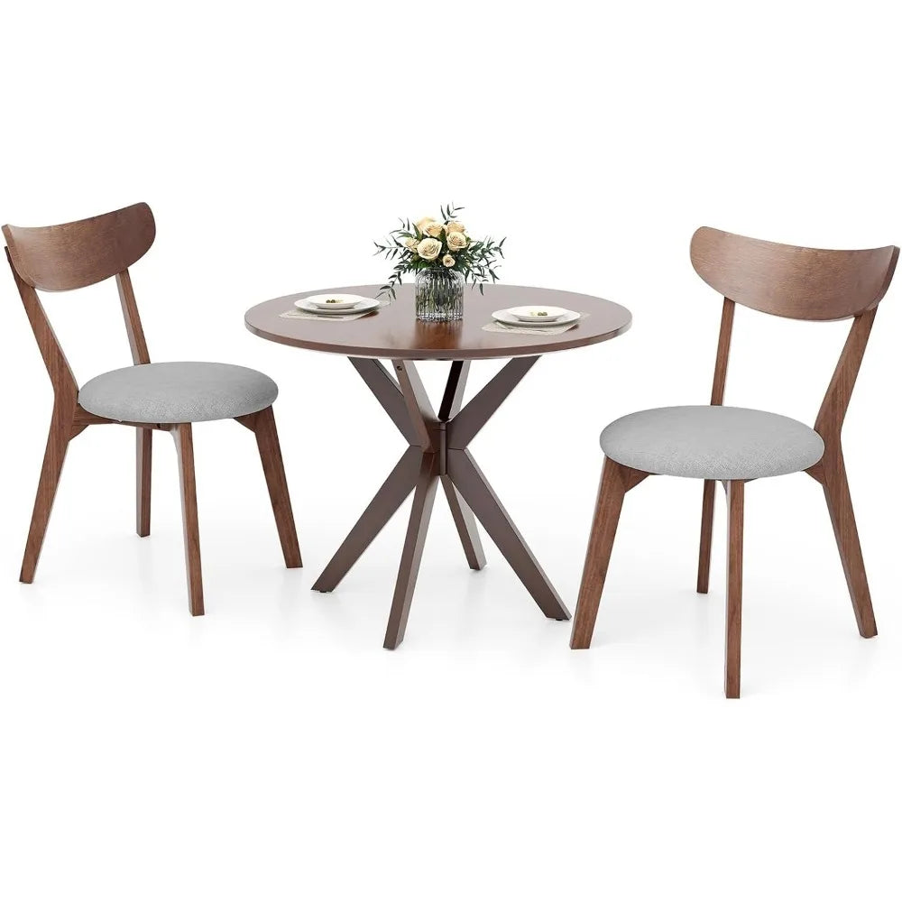 Small Kitchen Table Chairs Set, Mid-Century Wooden Round Dining Table and Two Dining Chairs