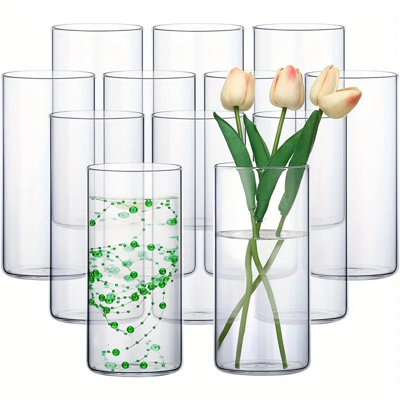 12-Piece Glass Cylinder Vase Set, Clear Vase Tall Floating Candle Holder, Dining Table Home Wedding Decorations Formal Dinner