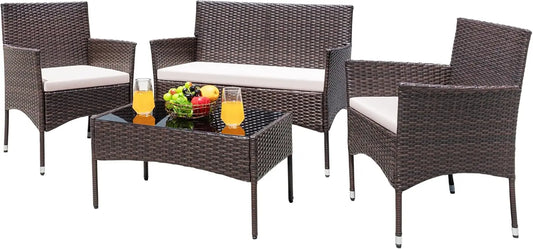 Greesum Patio Furniture 4 Pieces Conversation Sets Outdoor Wicker Rattan Chairs Garden Backyard Balcony Porch Poolside loveseat