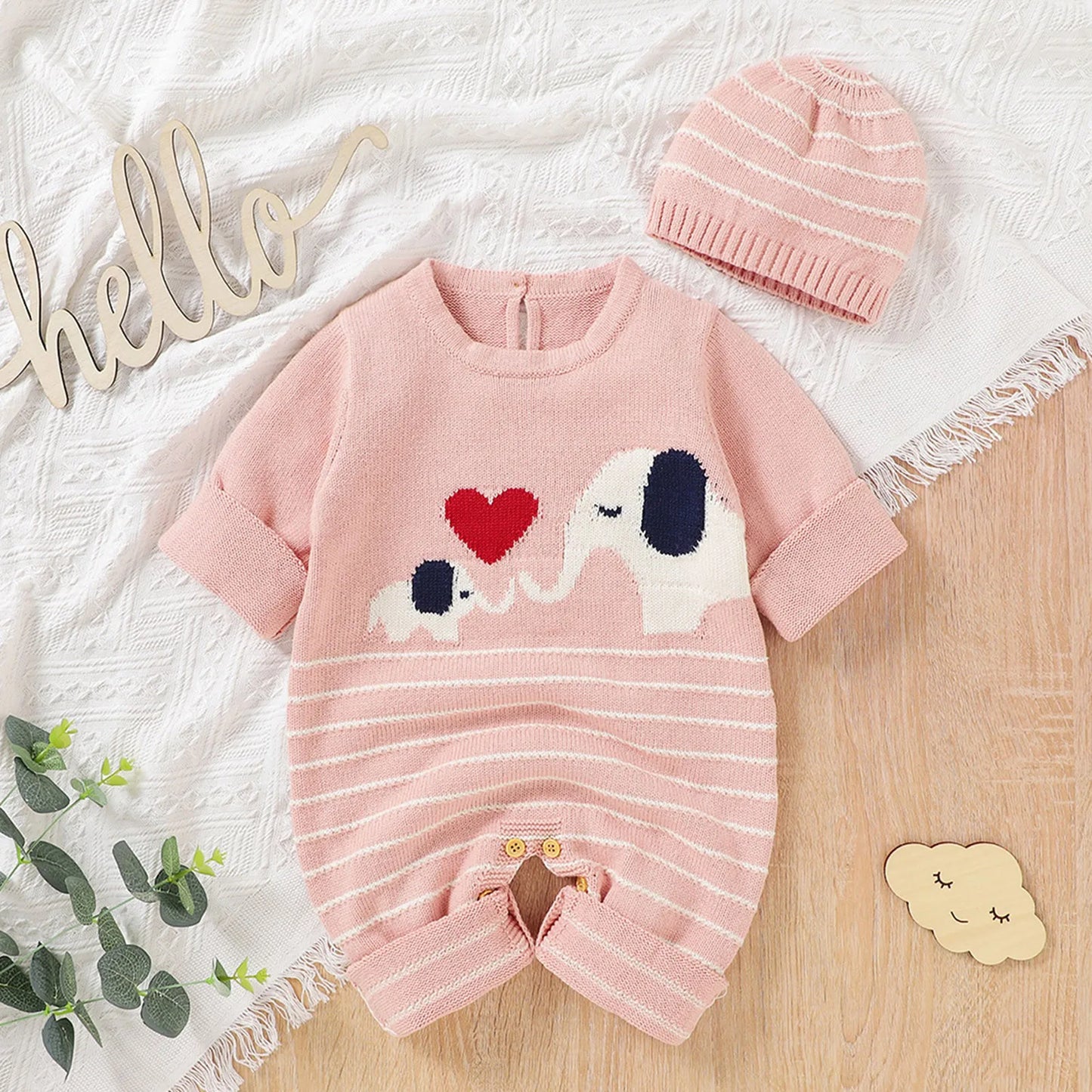 Baby Rompers Newborn Long Sleeves Knitted Strap Jumpsuit With Hat Cartoon Infant Kids Boy Girl Overalls Children Clothes 0-18M