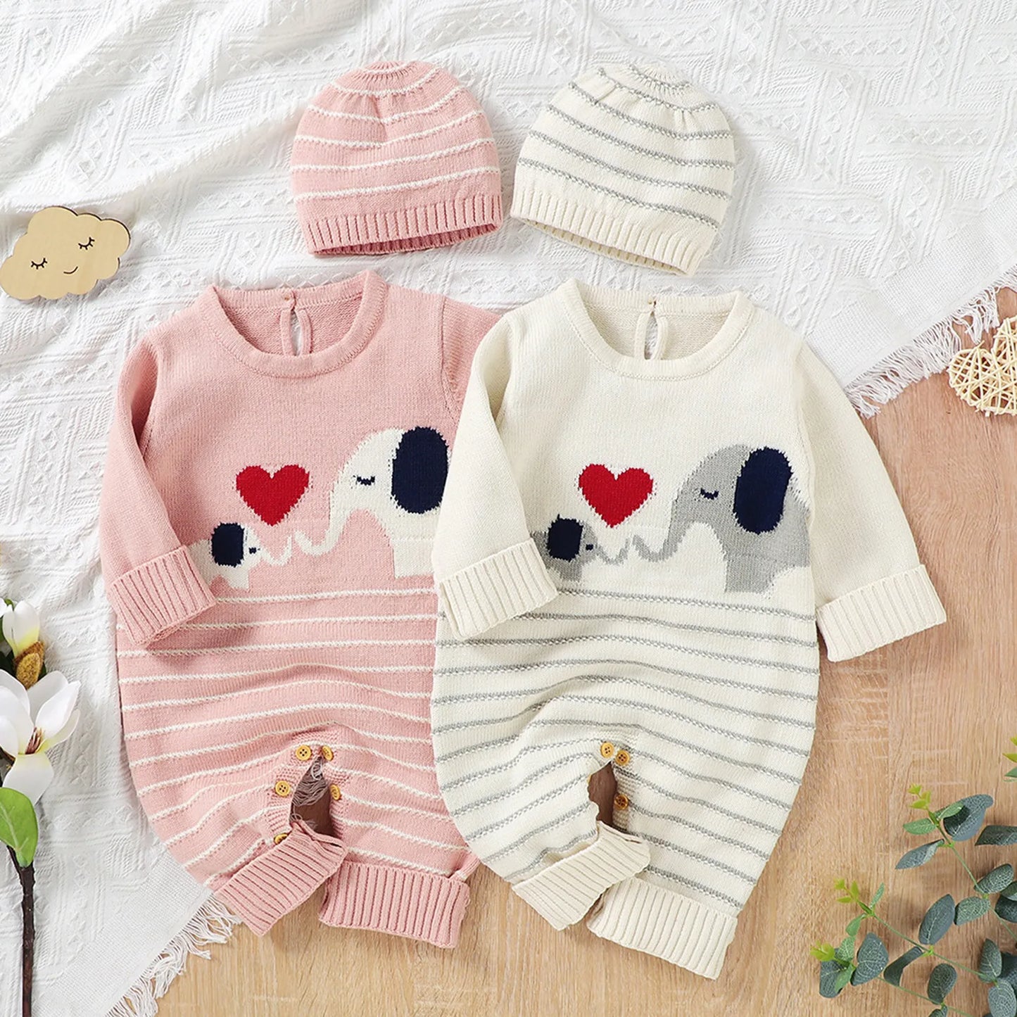 Baby Rompers Newborn Long Sleeves Knitted Strap Jumpsuit With Hat Cartoon Infant Kids Boy Girl Overalls Children Clothes 0-18M