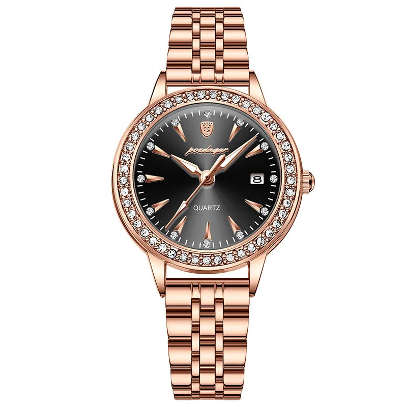 POEDAGAR Ultra Thin Women Watches Rose Gold Luxury Steel Strap Brand Diamond Dial Ladies Watch Bracelet Waterproof Date Clock