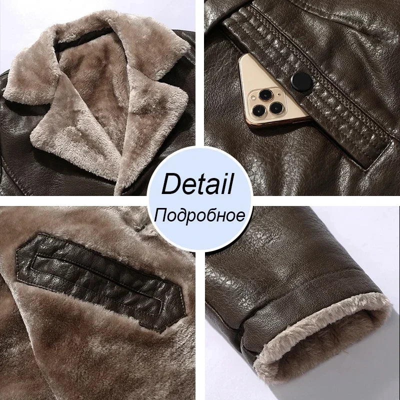 2023 Men Winter Long Thick Fleece PU Leather Jacket New Winter Fashion Suit Collar Men's Windbreaker Leather Jacket Coats